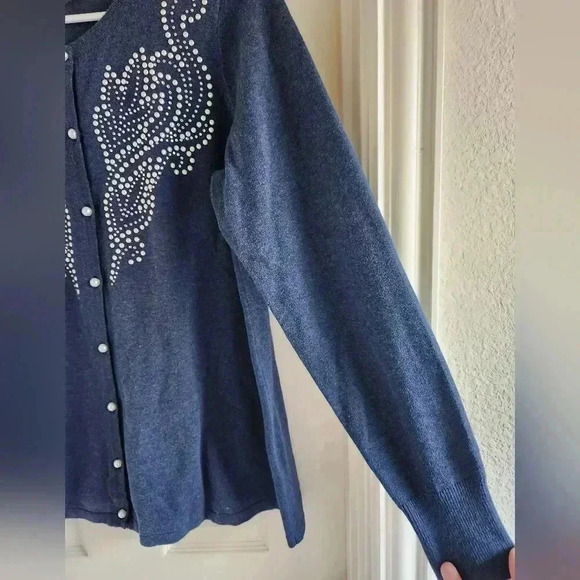 Bob Mackie Navy Blue Holiday Cardigan Sweater Pearl Embellished Size Small - Picture 3 of 10